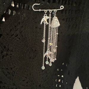 Silver-tone Tassel Charm Brooch Pin with Crystal Accents